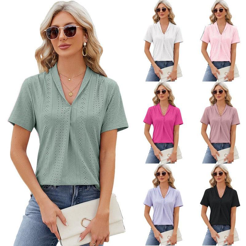 Cheky - V-neck Hollow Design T-shirt Summer Loose Short-sleeved Top For Womens Clothing