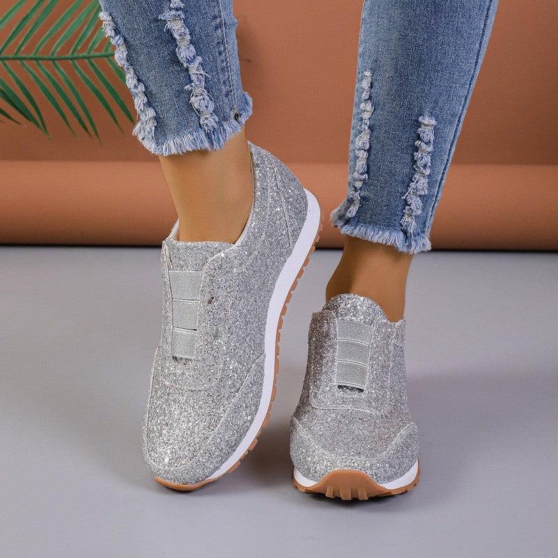 Cheky - Gold Sliver Sequined Flats New Fashion Casual Round Toe Slip-on Shoes Women Outdoor Casual Walking Running Shoes