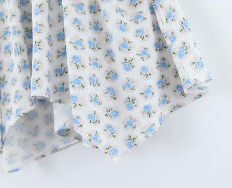 Cheky - French Vacation Style Small Blue Flowers Elastic Loose Dress