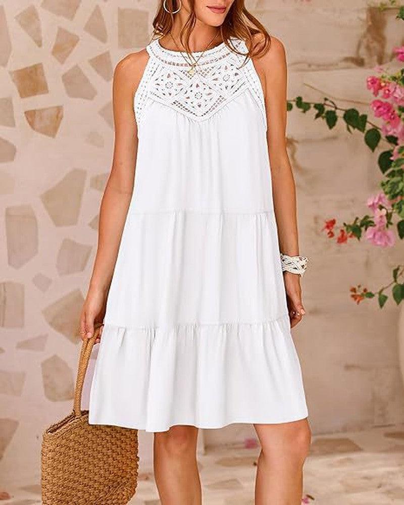 Cheky - Summer Halterneck A-line Dress With Flower Hollow Lace Design Casual Loose Vacation Beach Dresses For Womens Clothing