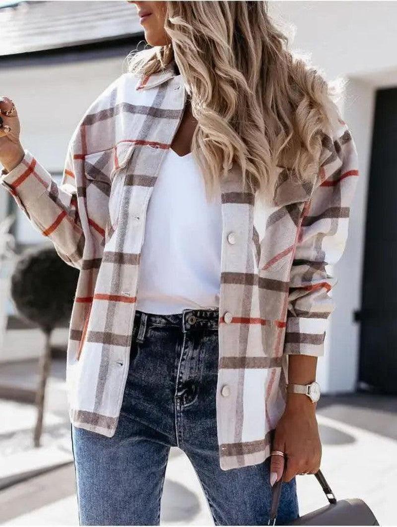 Cheky - Autumn And Winter Long-Sleeved Plaid Shirt Jacket Women