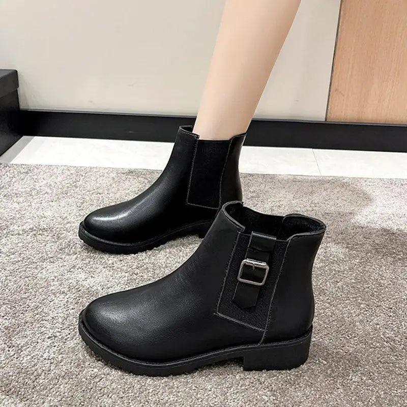 Cheky - Black Martin Boots Winter Buckle Shoes