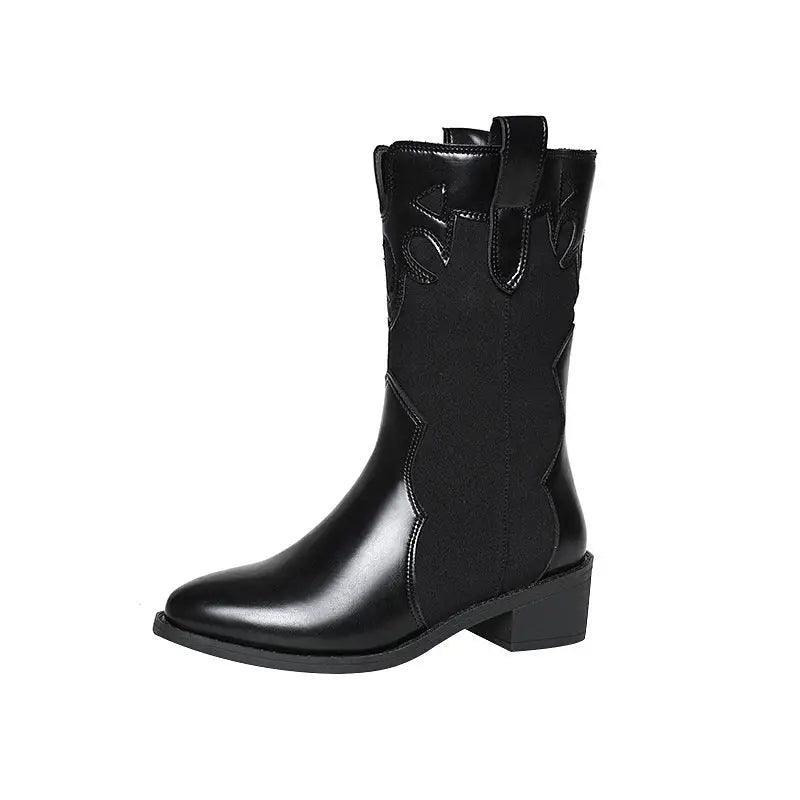 Cheky - Black White Cowboy Boots Women Low Heel Mid Calf Shoes