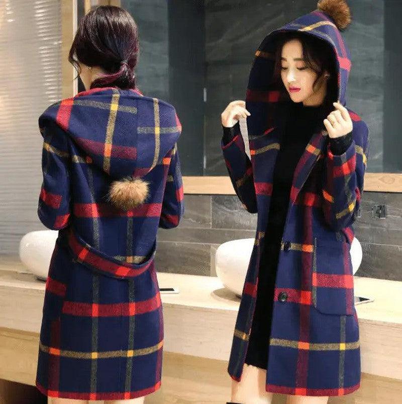 Cheky - British College wind wool coat plaid long hooded woolen coat