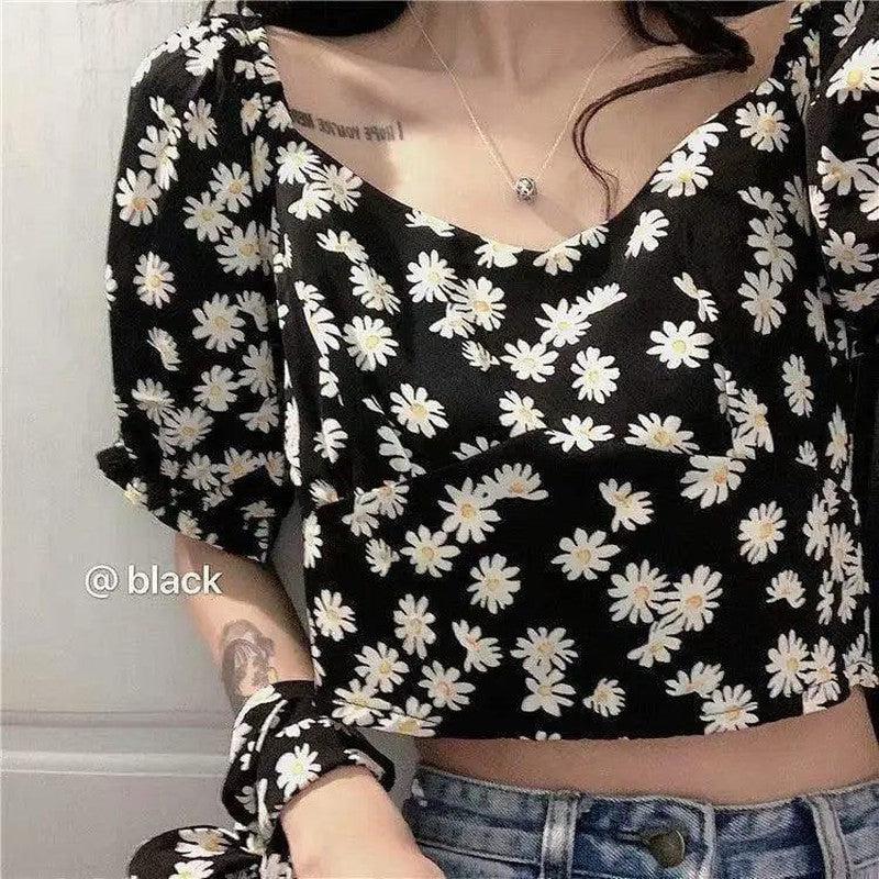 Cheky - Daisy Flower Bubble Sleeve Crop Top