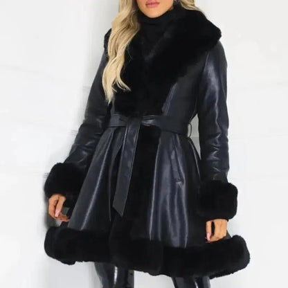 Cheky - Fur coat with lotus leaf hem and faux leather belt