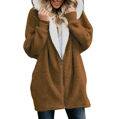 Cheky - Hooded zipper cardigan fur coat plush sweater