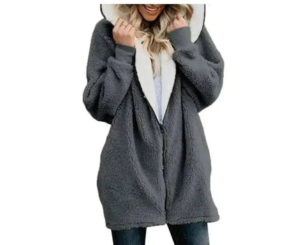 Cheky - Hooded zipper cardigan fur coat plush sweater