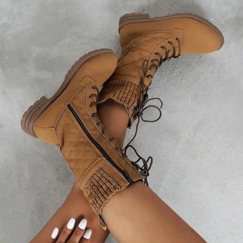 Cheky - Lace Up Boots Winter Cowboy Boots Women Block Heel Round Toe Shoes