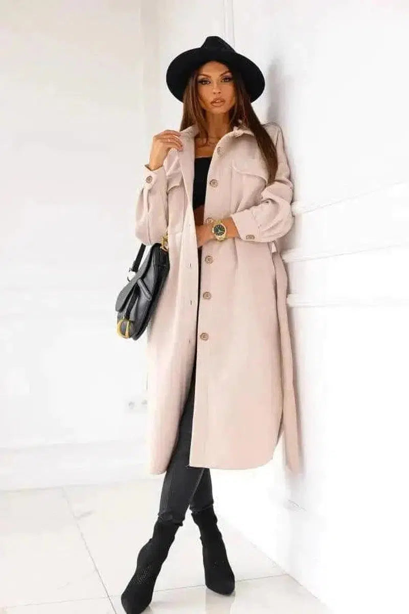 Cheky - Long-sleeved V-neck Button Lace Woolen Coat Coat Women's