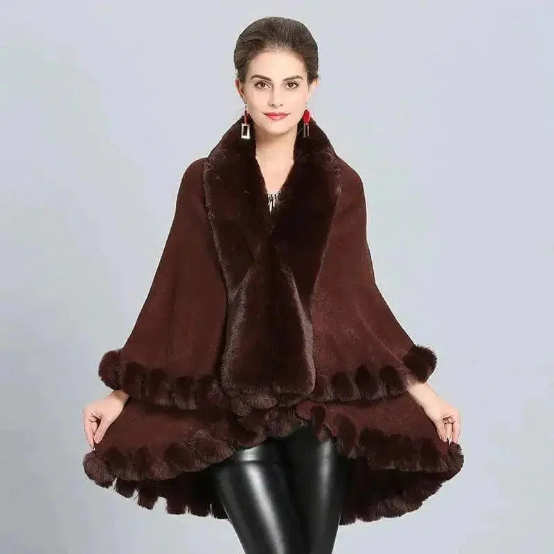 Cheky - Loose Fox Fur Collar Double-layer Knitted Shawl Cloak Coat