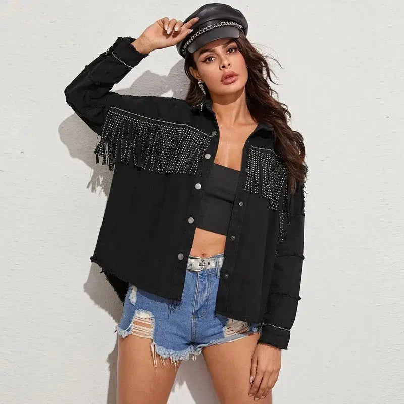 Cheky - Beaded Loose Jacket Denim With Fringed Fringe