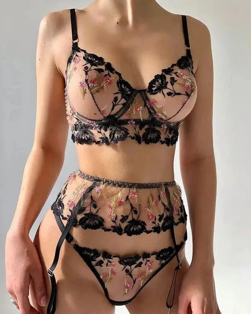 Cheky - Blossom Noir Embroidered Lace Lingerie Set