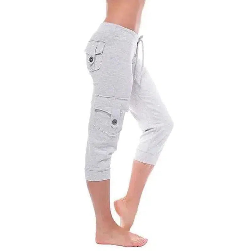 Cheky - Yoga cropped pants with elastic waist button pockets