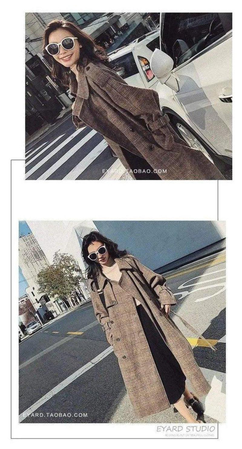 Cheky - Plaid woolen coat female long section Korean version autumn