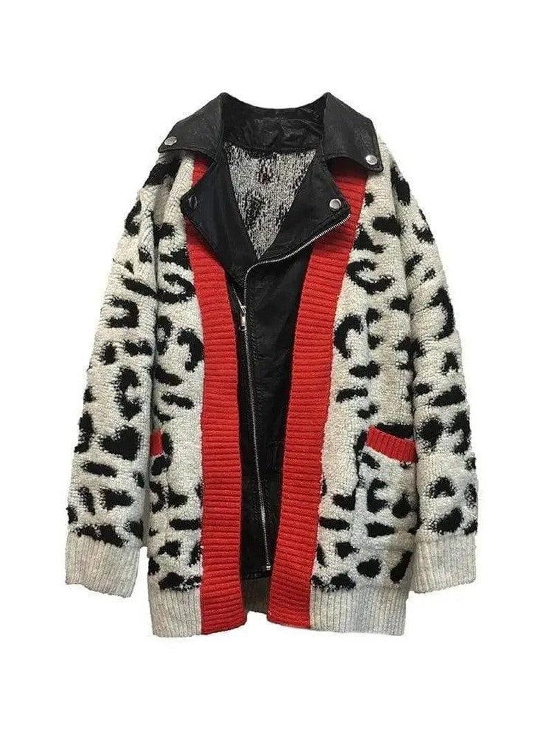 Cheky - PU leather lapel leopard sweater coat