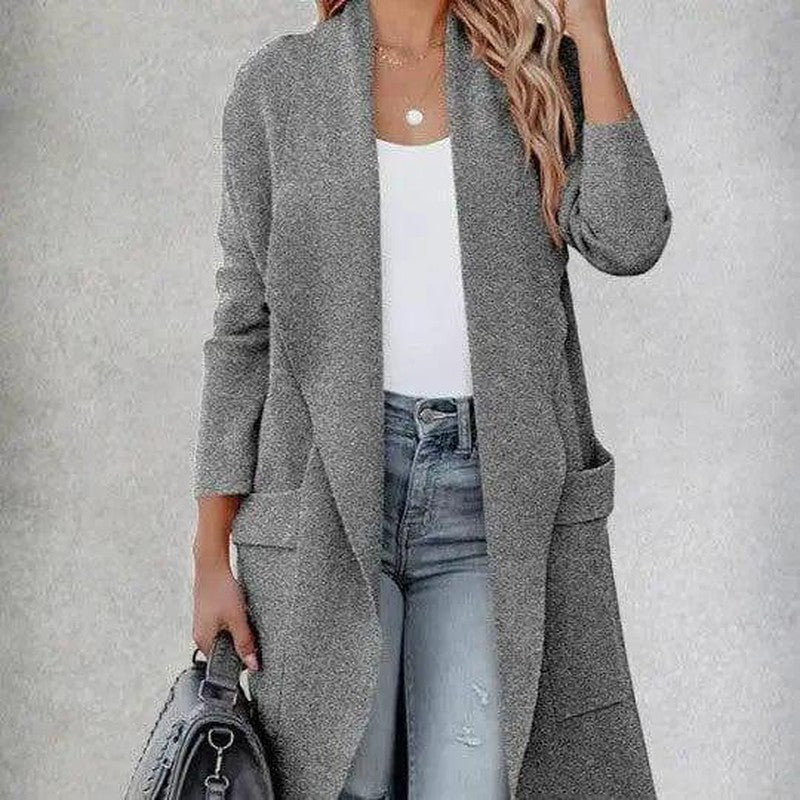 Cheky - Solid Colour Long Cardigan Pocket Tweed Jacket