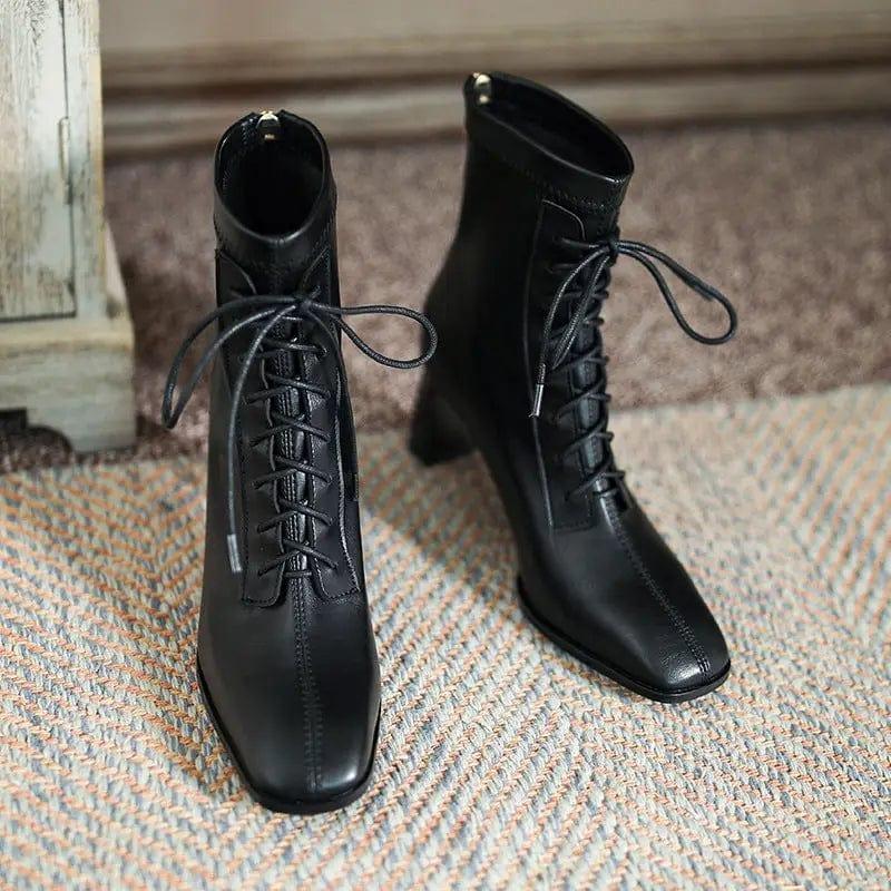 Cheky - Square Toe High Heel Boots PU Leather Women Ankle Boots