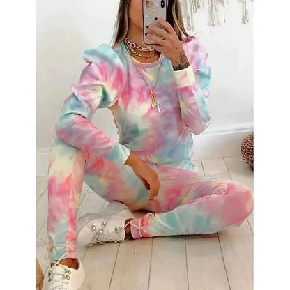 Cheky - Tie-Dye Printed Round Neck Long-Sleeved Casual Suit