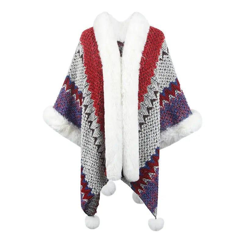 Cheky - Women's Fur Collar Inverness Striped Ethnic Style