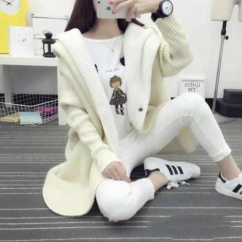 Cheky - Wool stitching hooded lamb cashmere coat